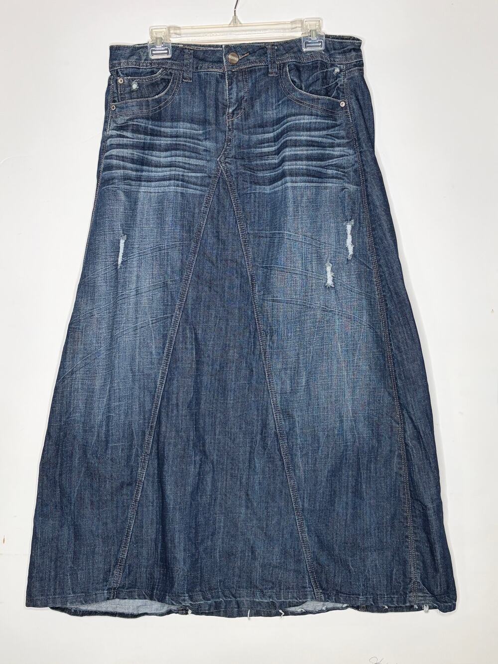 Maurices Womens Blue Denim Long Maxi Skirt Distressed Raw Hem Juniors 11